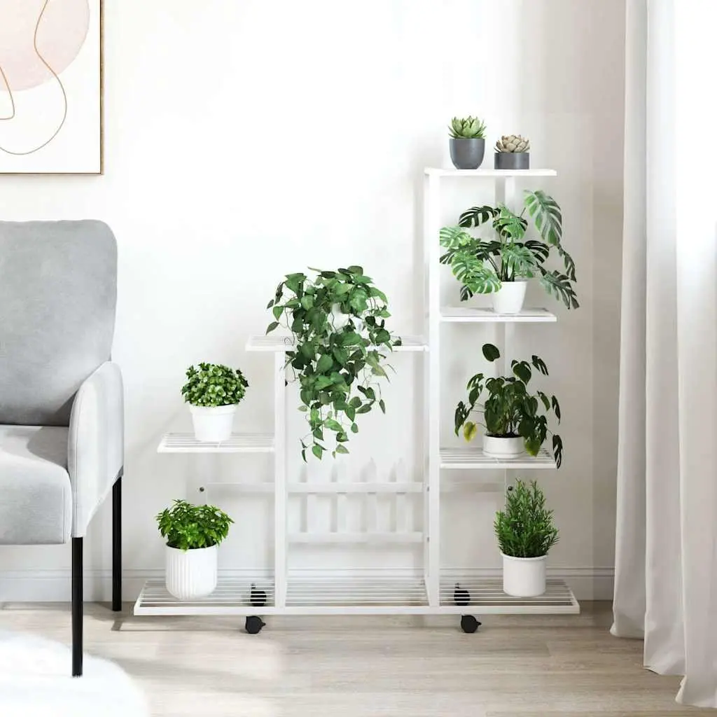 Plant Stand with Wheels White Metal Display Rack Flower Shelving Garden Decor