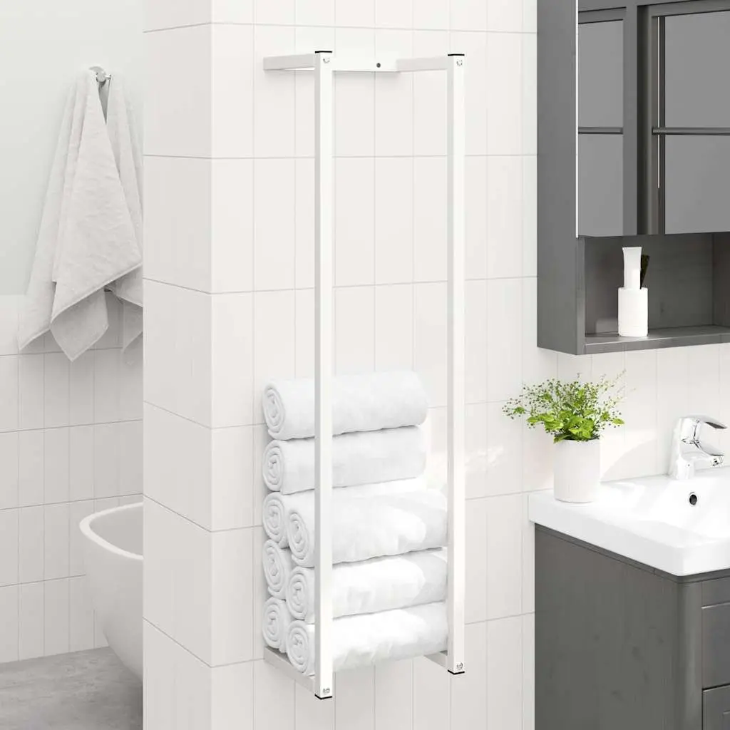 Towel Rack Wall Mount Bathroom Organizer White Steel 25 x 20 x 95 cm