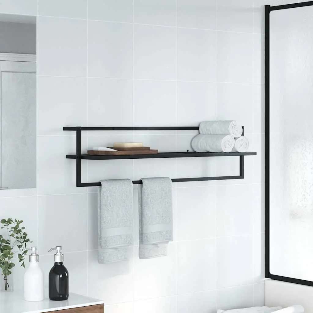 Towel Rack Wall Mount Bathroom Shelf Organizer Black Iron 95 x 25 x 22 cm