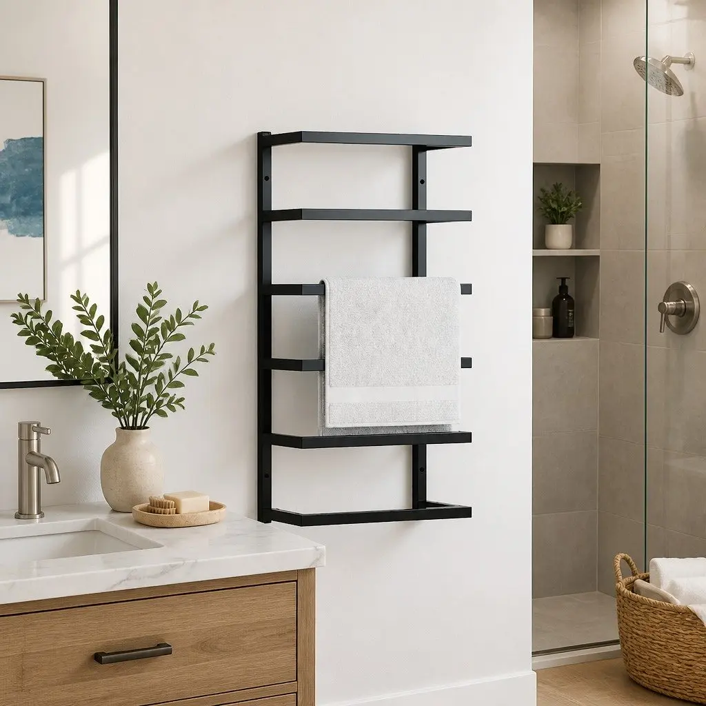 Black Steel Wall-Mounted Towel Rack