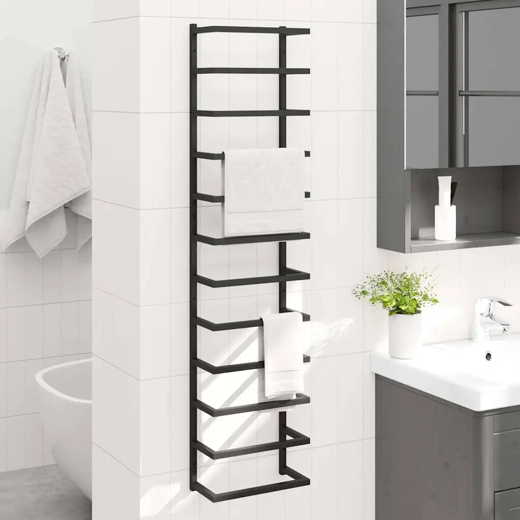 Towel Rack Wall Mount Bathroom Organizer Black Steel 24x12x96cm