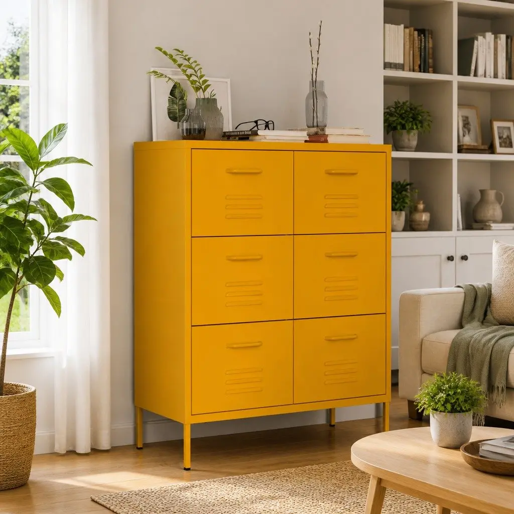 Drawer Cabinet Yellow Storage Chest Bedroom 6 Drawers Steel Organiser