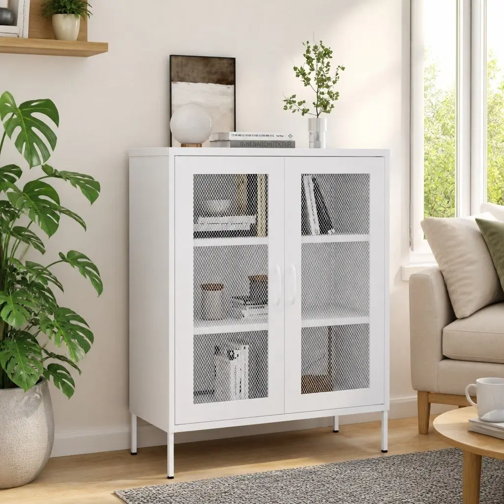 Storage Cabinet Home Furniture White Steel Frame 2 Mesh Doors Adjustable Shelves 80W x 35D x 1015H cm