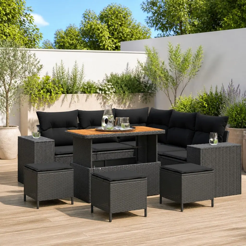 Garden Sofa Set 9 Piece Outdoor Furniture Black Poly Rattan Modular for Patio and Garden