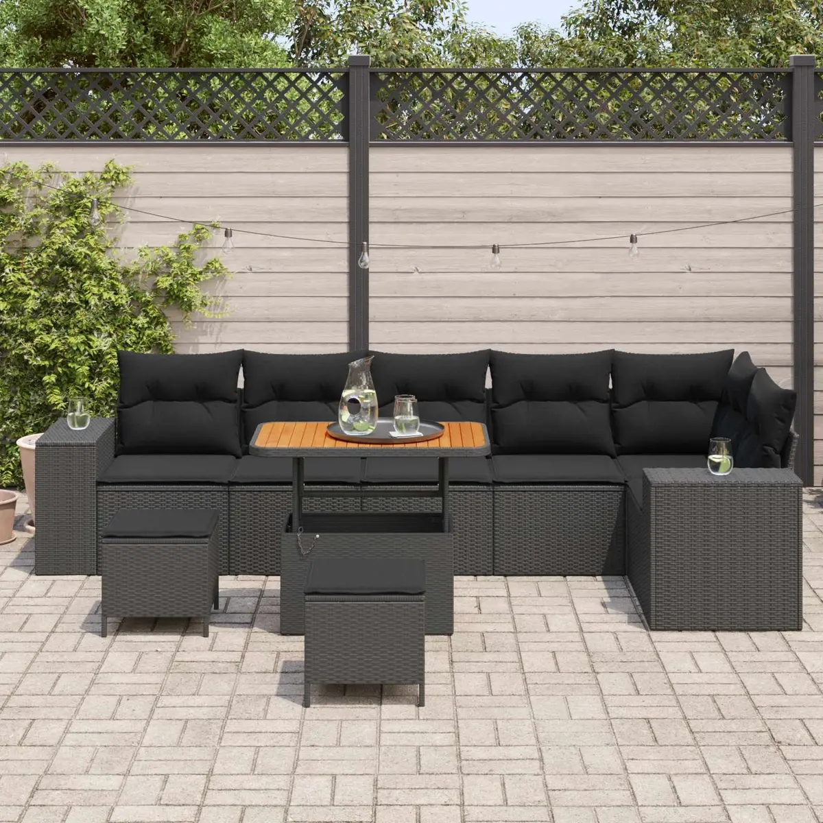 Modular Outdoor Garden Sofa Set 9 Pieces Black Poly Rattan Patio Furniture