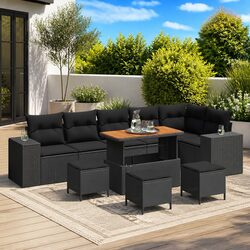 Outdoor Sofa Set: 10-Piece Black Poly Rattan with Acacia Table