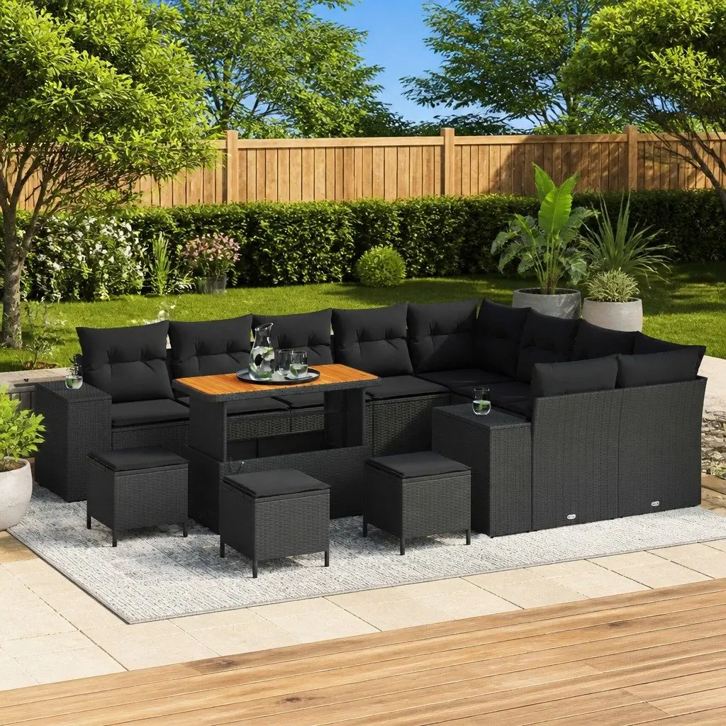13-Piece Black Poly Rattan Sofa Set
