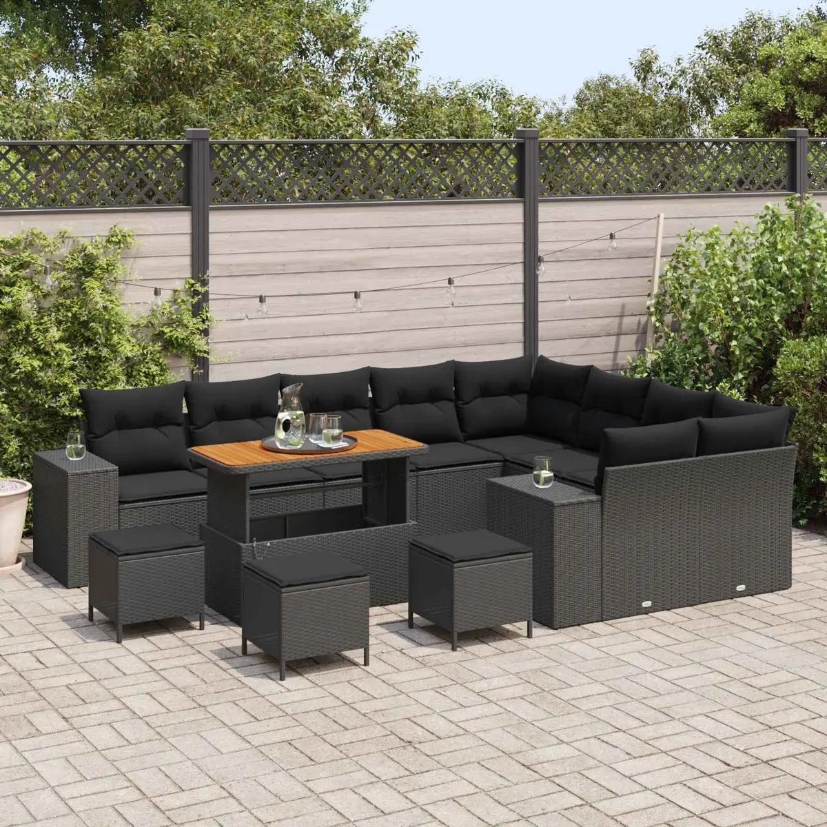 13-Piece Black Poly Rattan Sofa Set