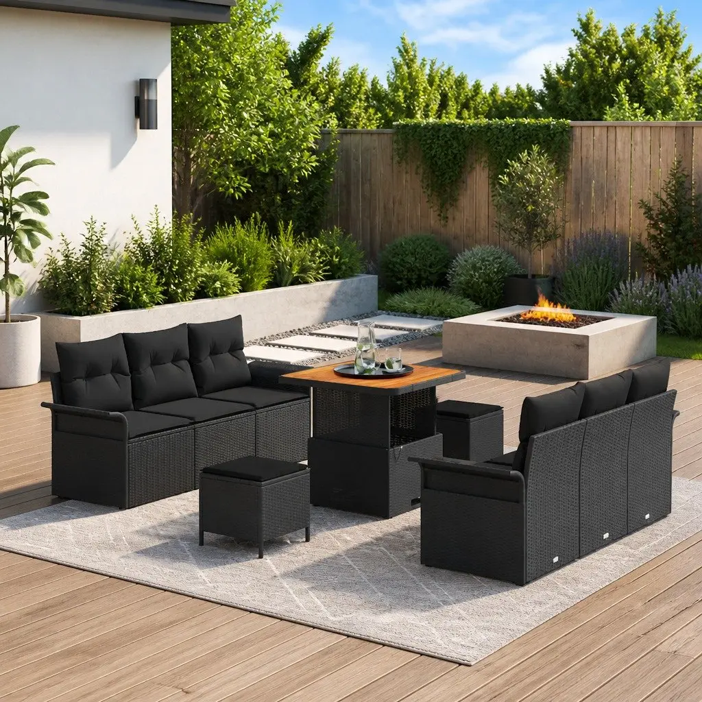 Garden Sofa Set Outdoor Use 9 Piece Black Poly Rattan Modular Lounge
