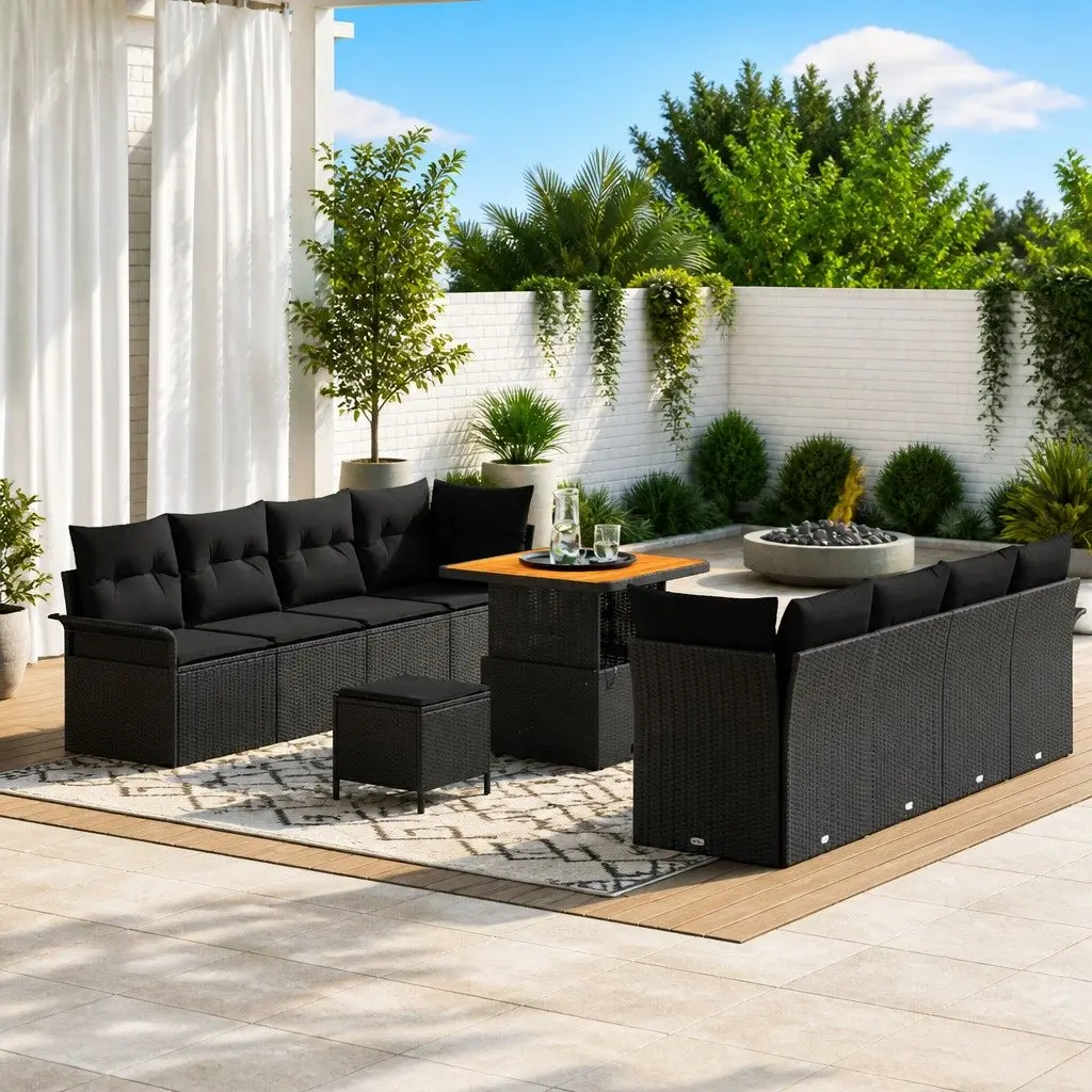 Modular Outdoor Sofa Set 11 Pieces Black Poly Rattan Lounge with Cushions for Garden and Patio