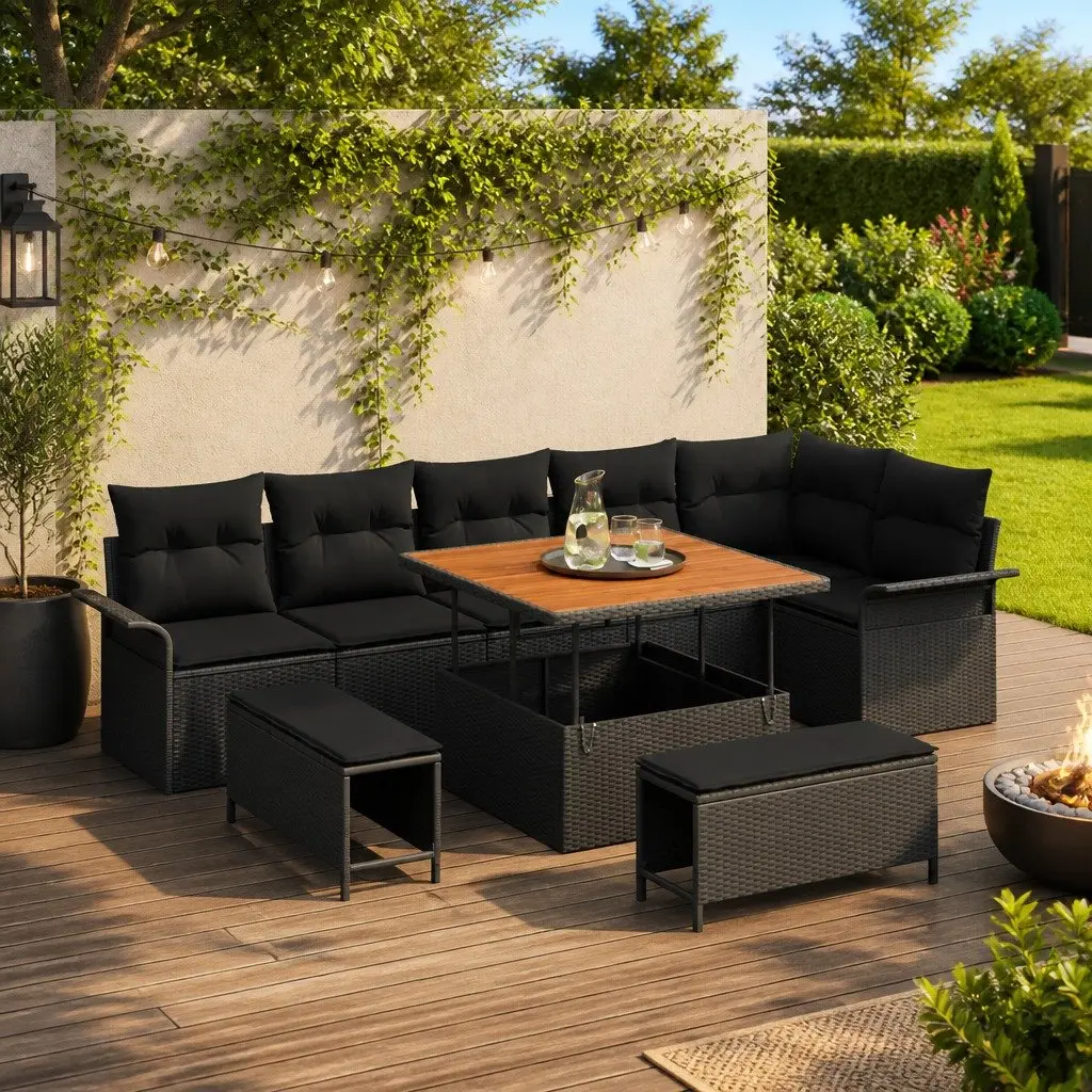 Garden Sofa Set Outdoor Use 9 Piece Black Poly Rattan with Cushions Modular