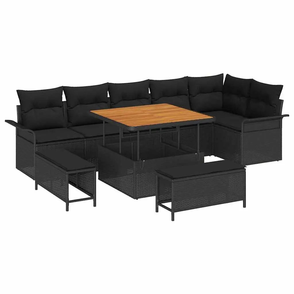 Garden Sofa Set Outdoor Use 9 Piece Black Poly Rattan with Cushions Modular