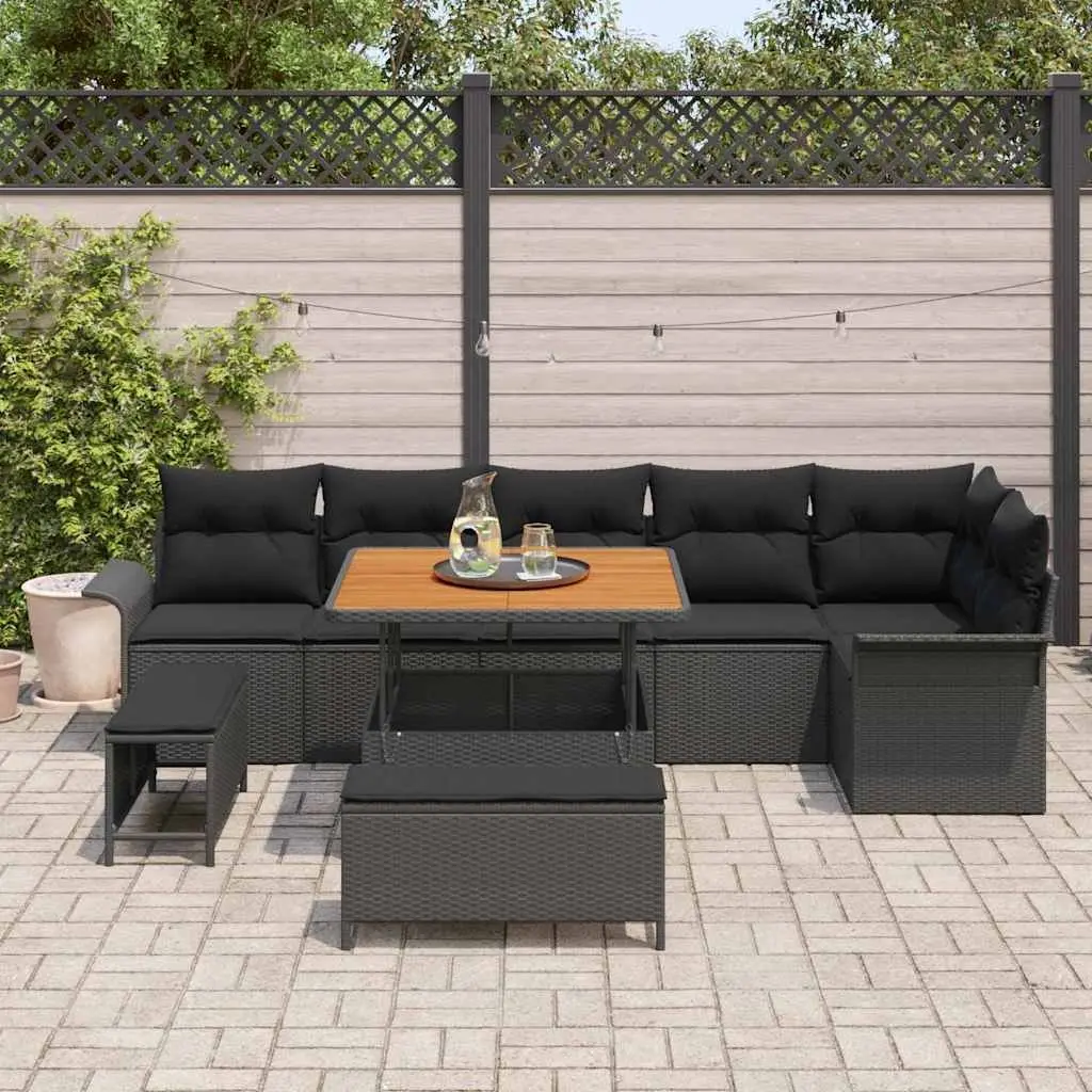 Garden Sofa Set Outdoor Use 9 Piece Black Poly Rattan with Cushions Modular