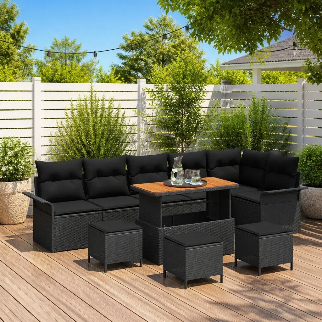 Outdoor Sofa Set for Patio 10 Piece Black Poly Rattan Furniture with Cushions
