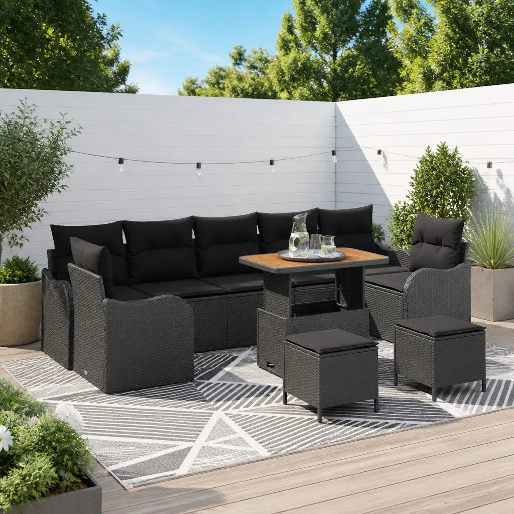 Garden Sofa Set Outdoor Furniture 10 Pieces Black Poly Rattan with Cushions