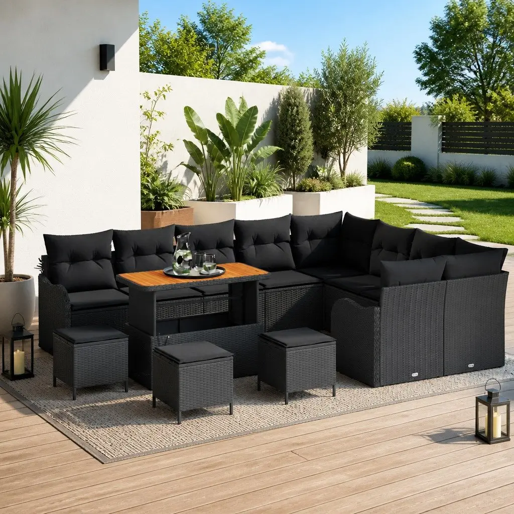 Poly Rattan Garden Sofa Set 13 Pieces for Outdoor Living Spaces with Height Adjustable Table Black