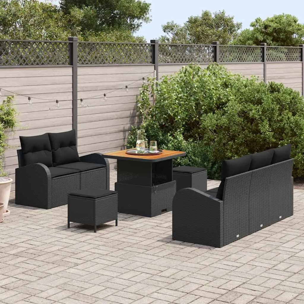 Outdoor Lounge Seating Set 8 Piece Modular Black Poly Rattan with Cushions