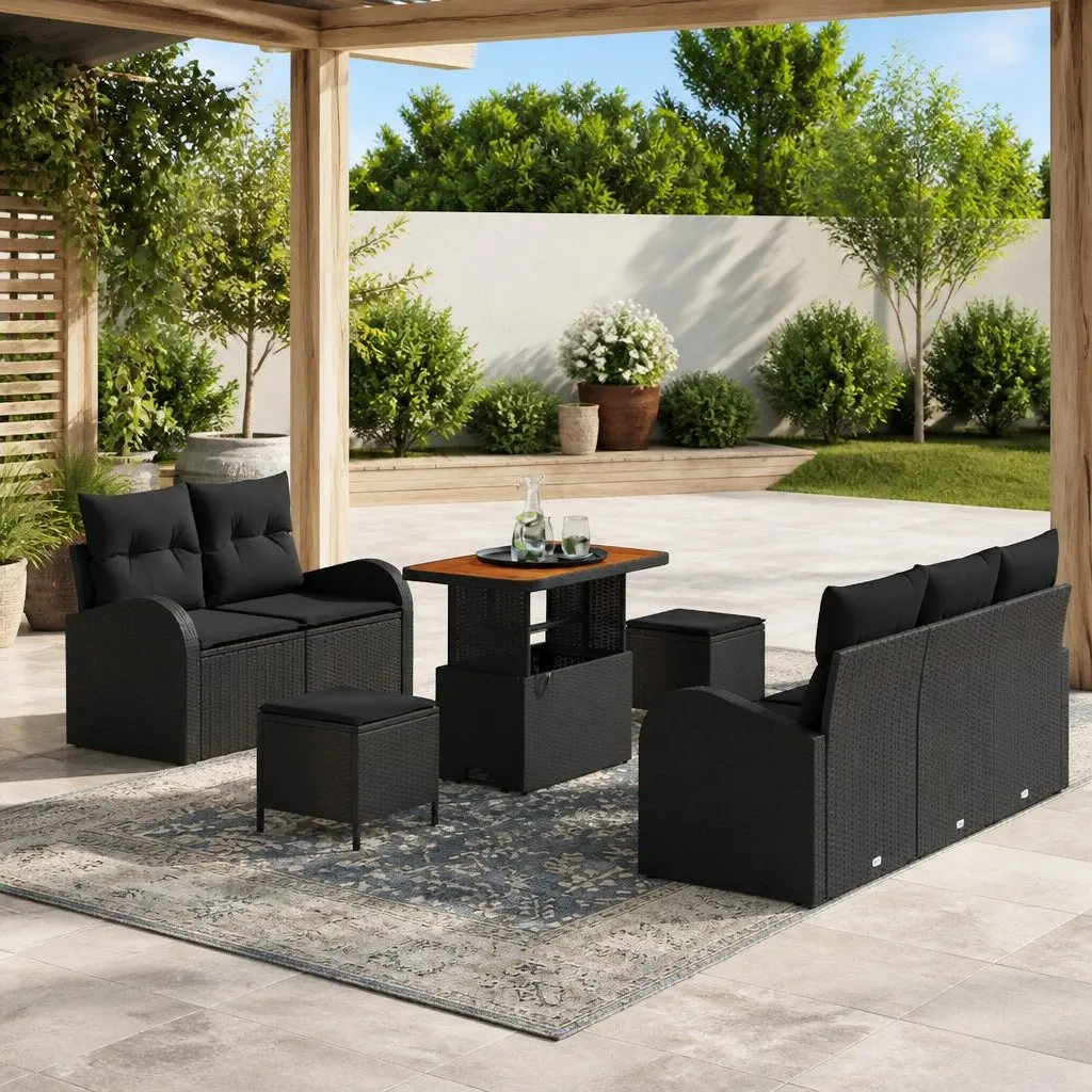 8 Piece Outdoor Sofa Set for Garden and Patio Black Poly Rattan with Cushions