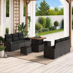 Outdoor Sofa Set 9pc: Black Poly Rattan, Adjustable Table