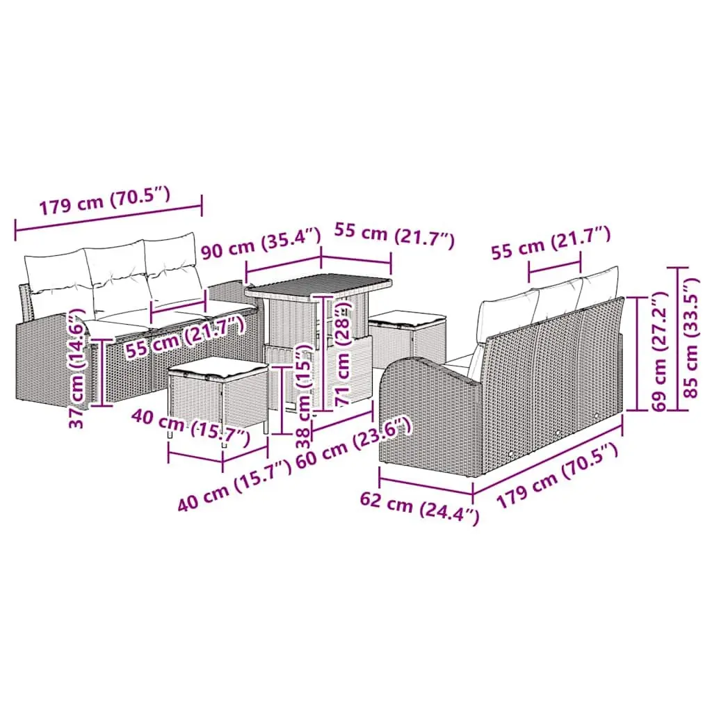 Garden Sofa Set 9 Piece Outdoor Furniture Black Poly Rattan Modular Patio Lounge