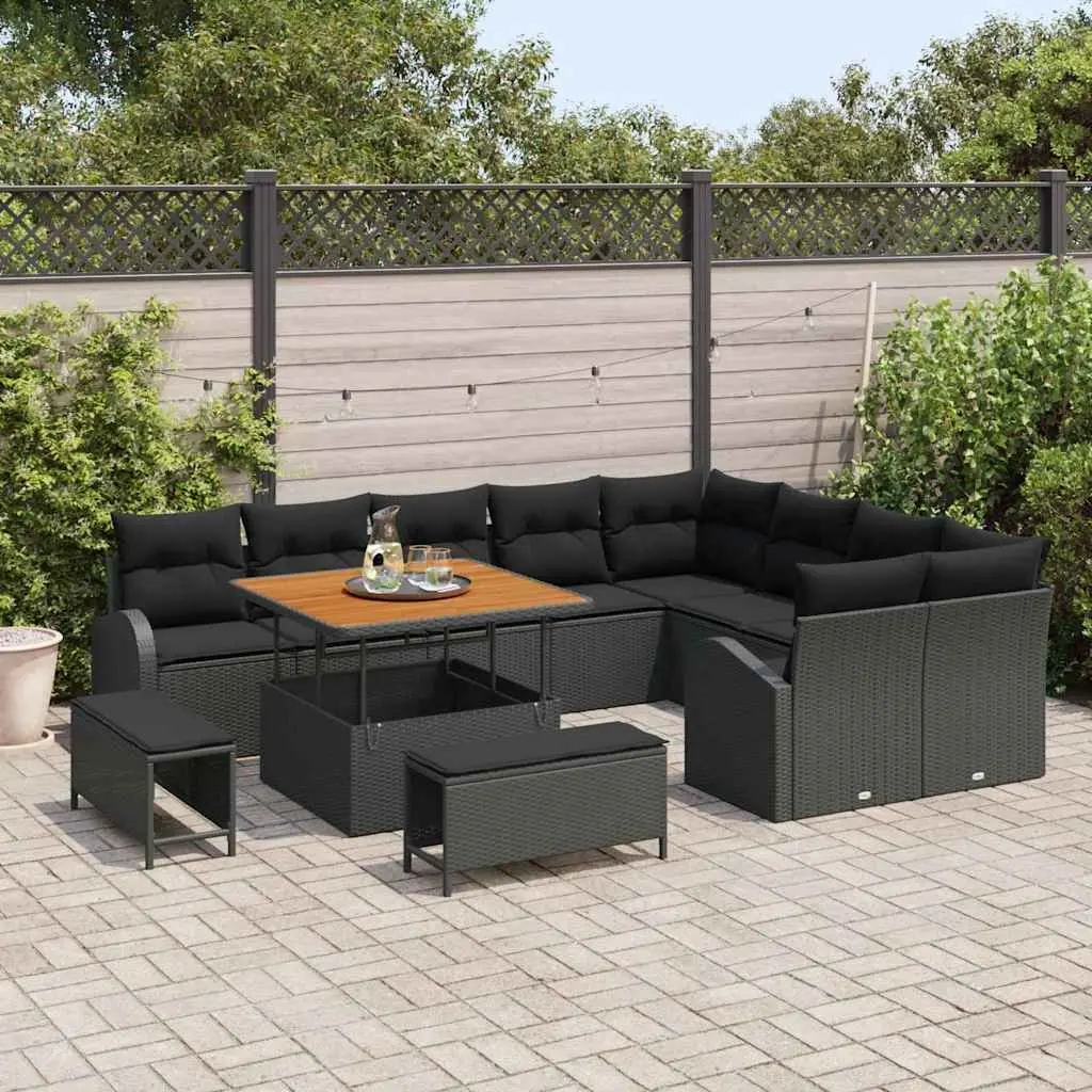 Garden Sofa Set Outdoor Living 12 Pieces Black Poly Rattan Furniture with Cushions