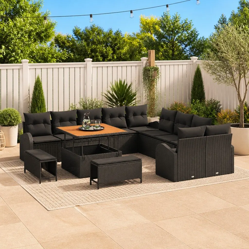 Garden Sofa Set Outdoor Use 13 Piece Black Poly Rattan Modular Patio Lounge
