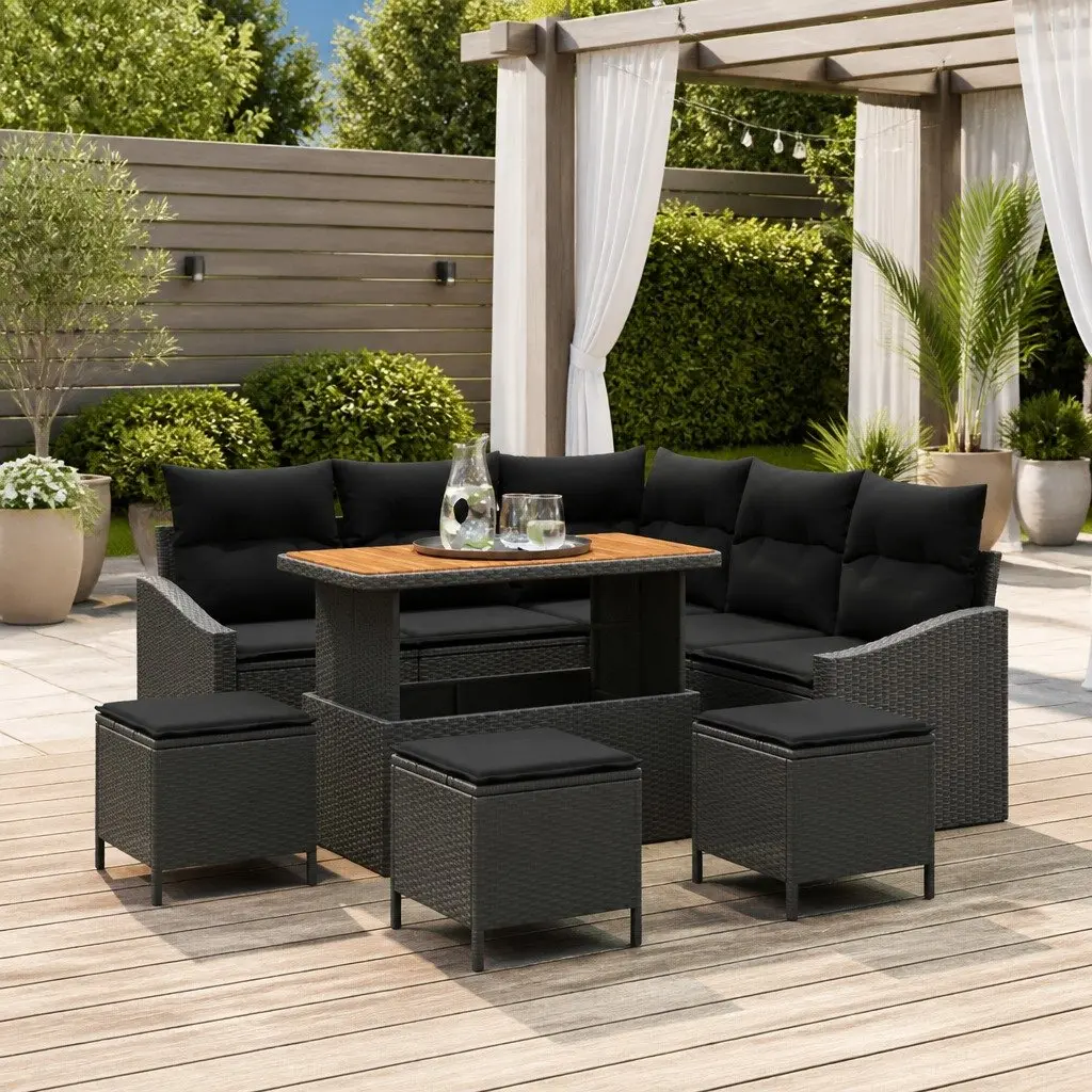 Outdoor Garden Sofa Set Modular 9 Pieces Black Poly Rattan with Cushions