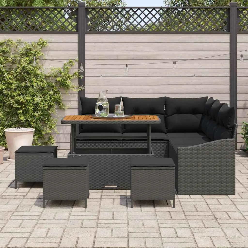 Outdoor Garden Sofa Set Modular 9 Pieces Black Poly Rattan with Cushions