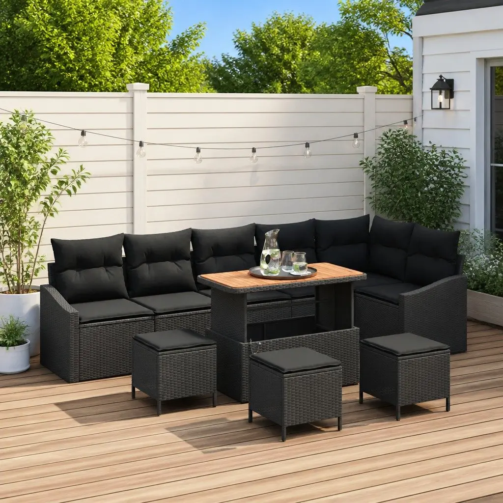 Outdoor Sofa Set 10 Piece Modular Garden Furniture Black Poly Rattan with Steel Frame and Acacia Wood Table
