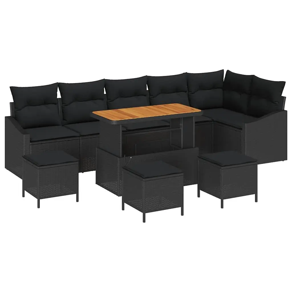 Outdoor Sofa Set 10 Piece Modular Garden Furniture Black Poly Rattan with Steel Frame and Acacia Wood Table