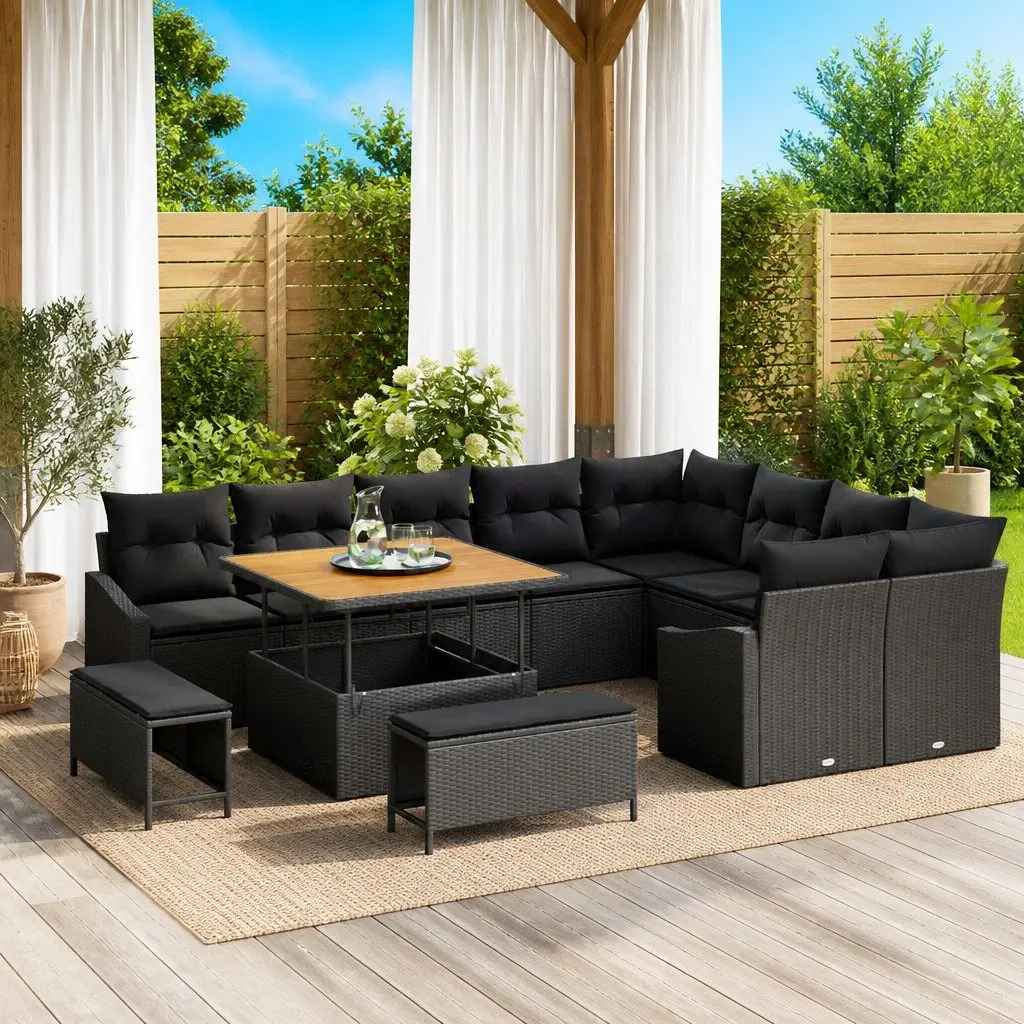 Garden Sofa Set Outdoor Use 12 Piece Black Poly Rattan Furniture with Cushions