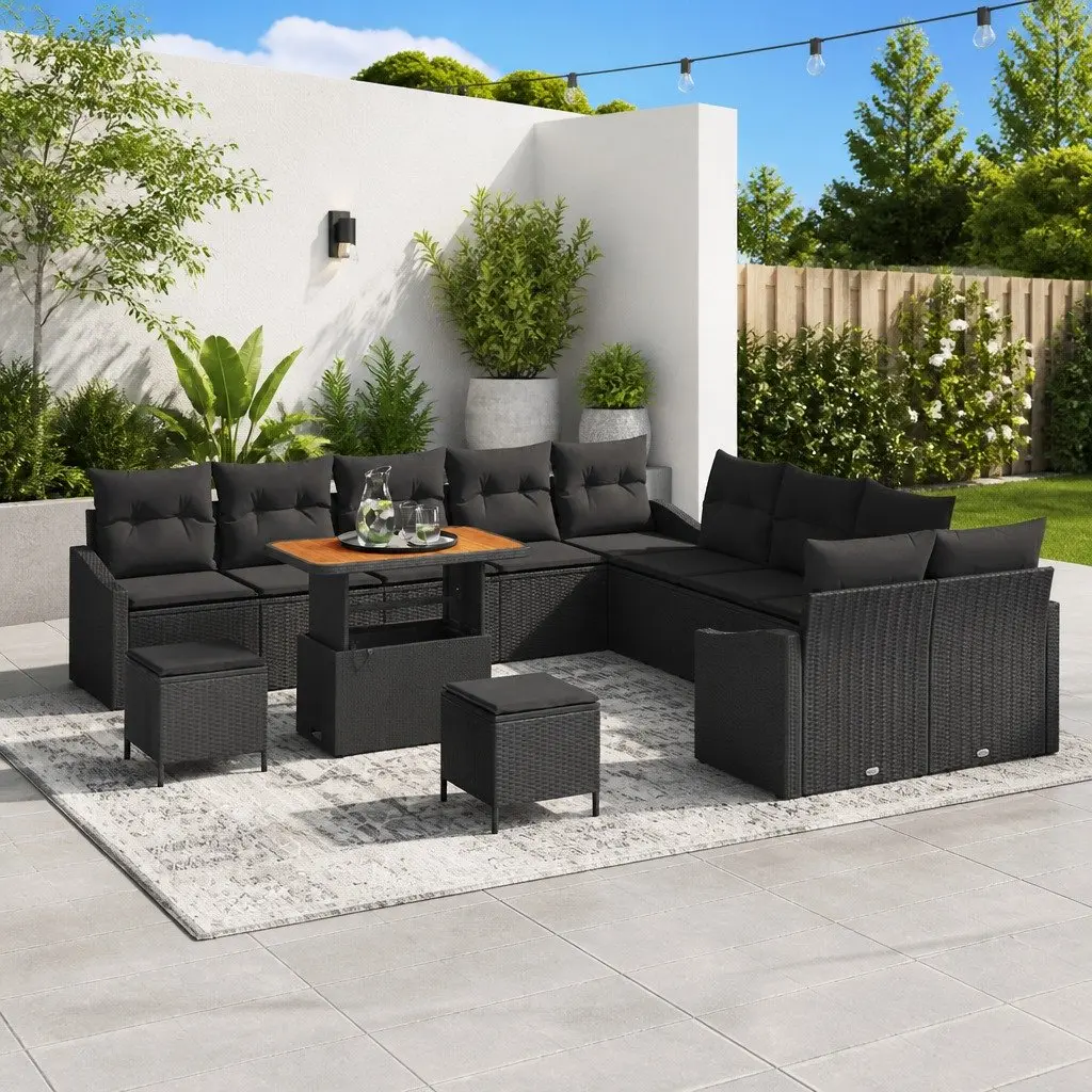 Modular Garden Sofa Set 13 Piece Outdoor Furniture Cushioned Black Poly Rattan for Patio and Terrace