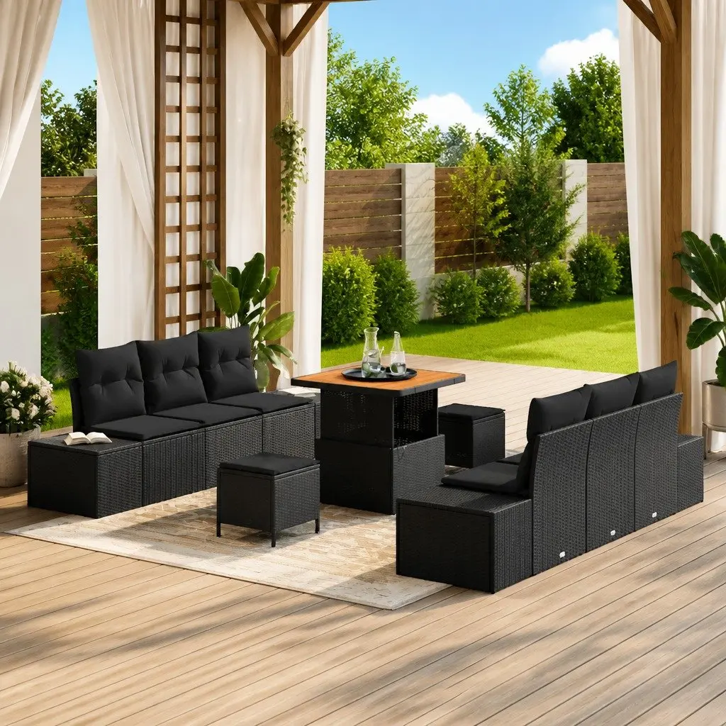 Garden Sofa Set Outdoor Furniture 9 Piece Modular Lounge Black Poly Rattan