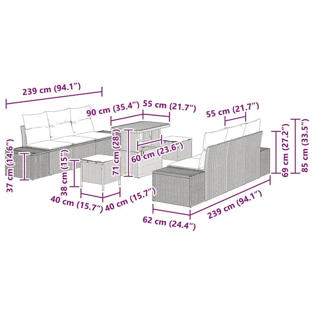 9-Piece Modular Outdoor Sofa Set with Height-Adjustable Table