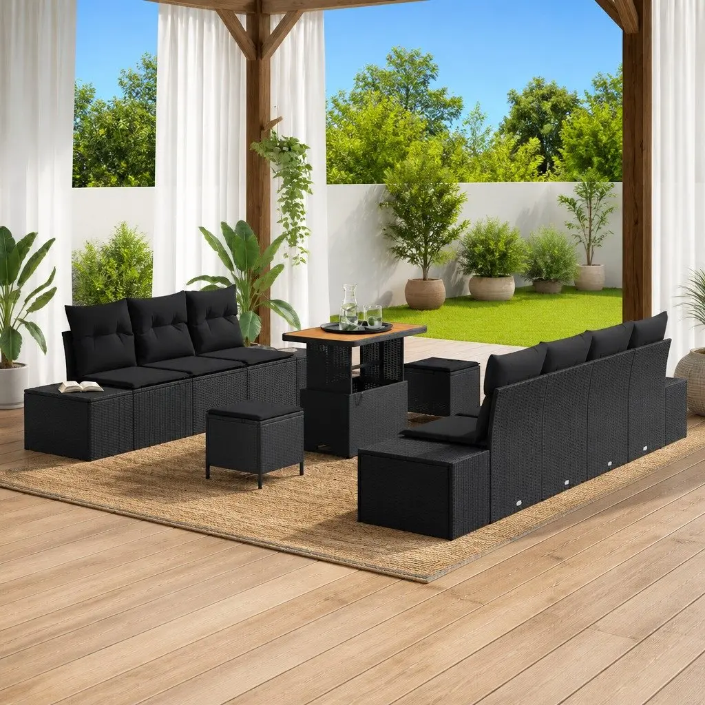 Outdoor Garden Sofa Set 10 Piece Modular Lounge with Cushions Black Rattan