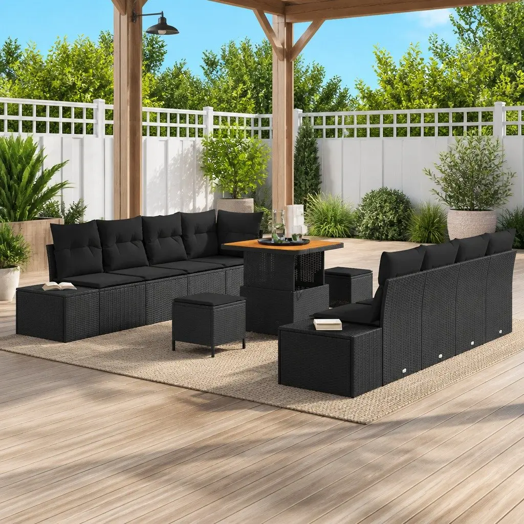 Garden Sofa Set 11 Pieces Outdoor Furniture Black Poly Rattan for Patio and Garden
