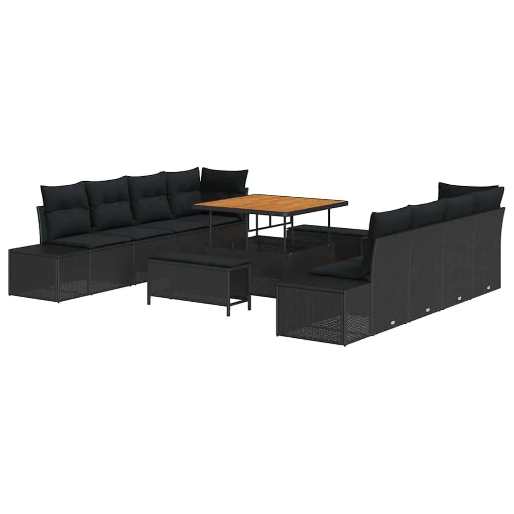 Outdoor Furniture Sofa Set 11 Piece Black Poly Rattan with Adjustable Table and Cushions for Garden Patio Terrace