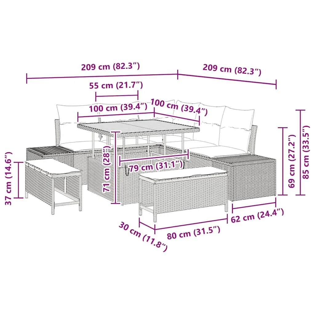 Outdoor Garden Sofa Set 8 Pieces Modular Rattan Furniture Black
