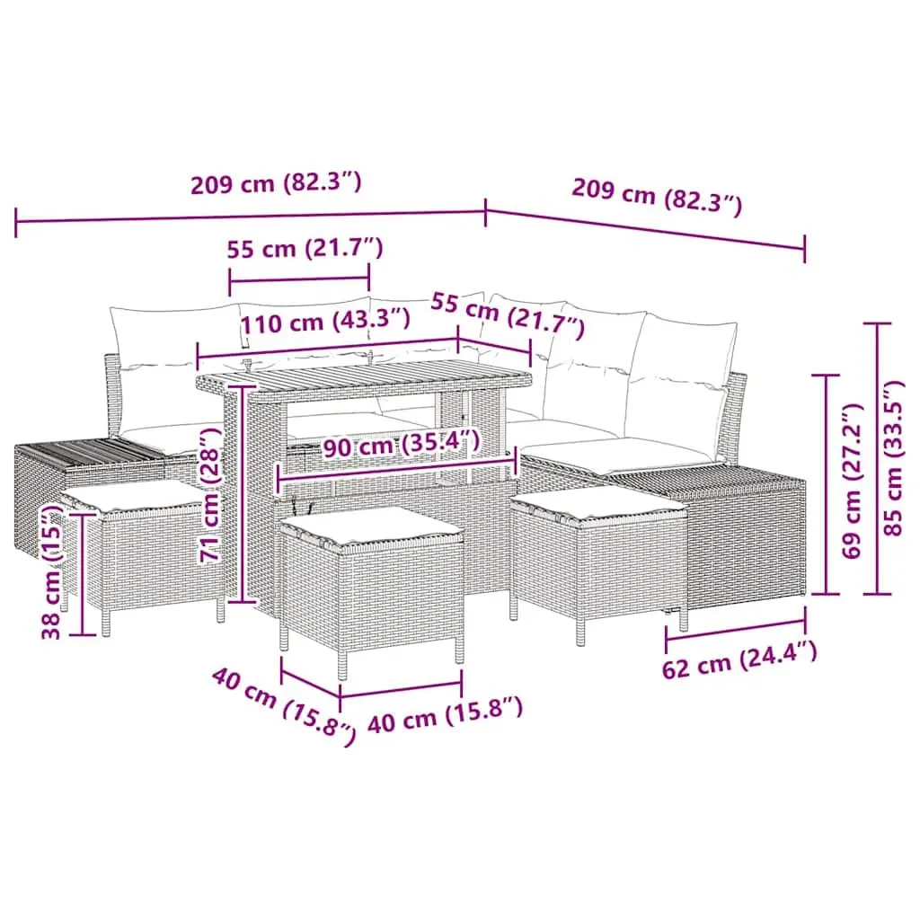 Garden Sofa Set 9 pcs Outdoor Furniture Modular Lounge Rattan Black Sectional
