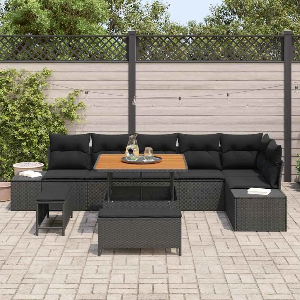 Garden Sofa Set 9 Pieces Black Outdoor Furniture Rattan Lounge Seating with