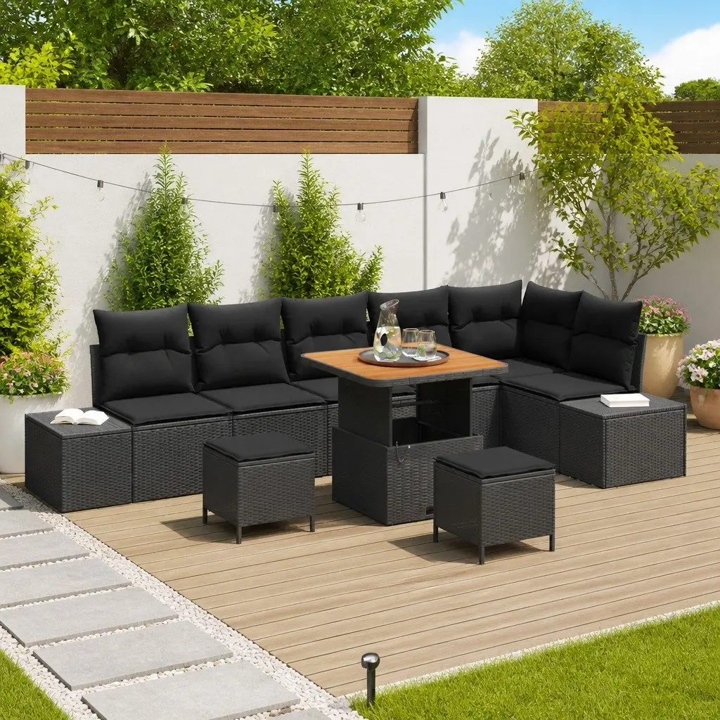 Outdoor Garden Sofa Set 9 Piece Black Poly Rattan Furniture with Cushions
