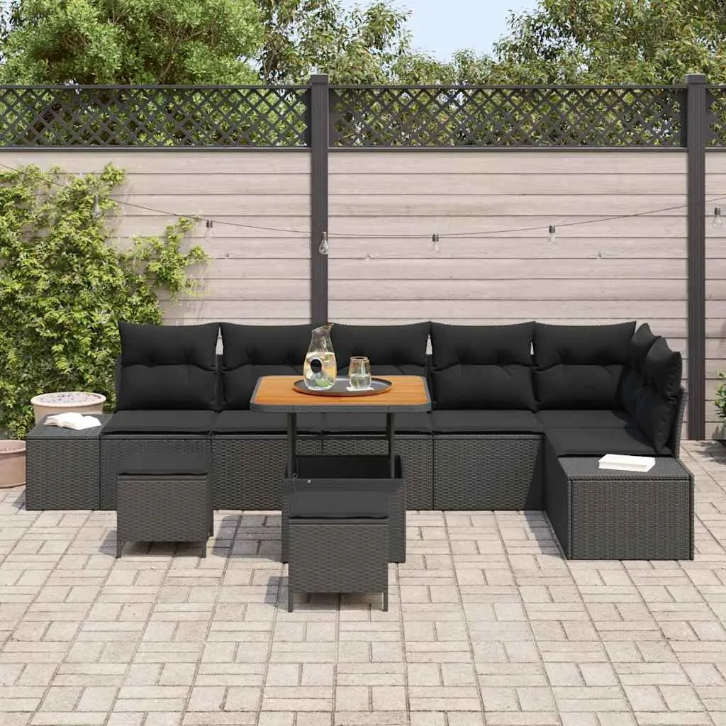 Outdoor Garden Sofa Set 9 Piece Black Poly Rattan Furniture with Cushions