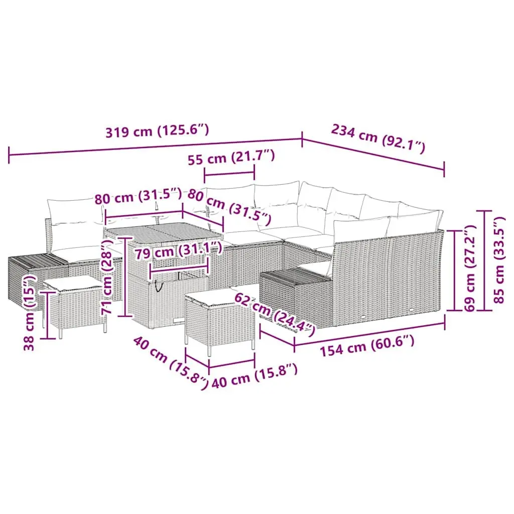 12 Piece Garden Sofa Set Outdoor Furniture Black Poly Rattan Coffee Table