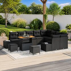 12-Piece Black Poly Rattan Garden Sofa Set Details