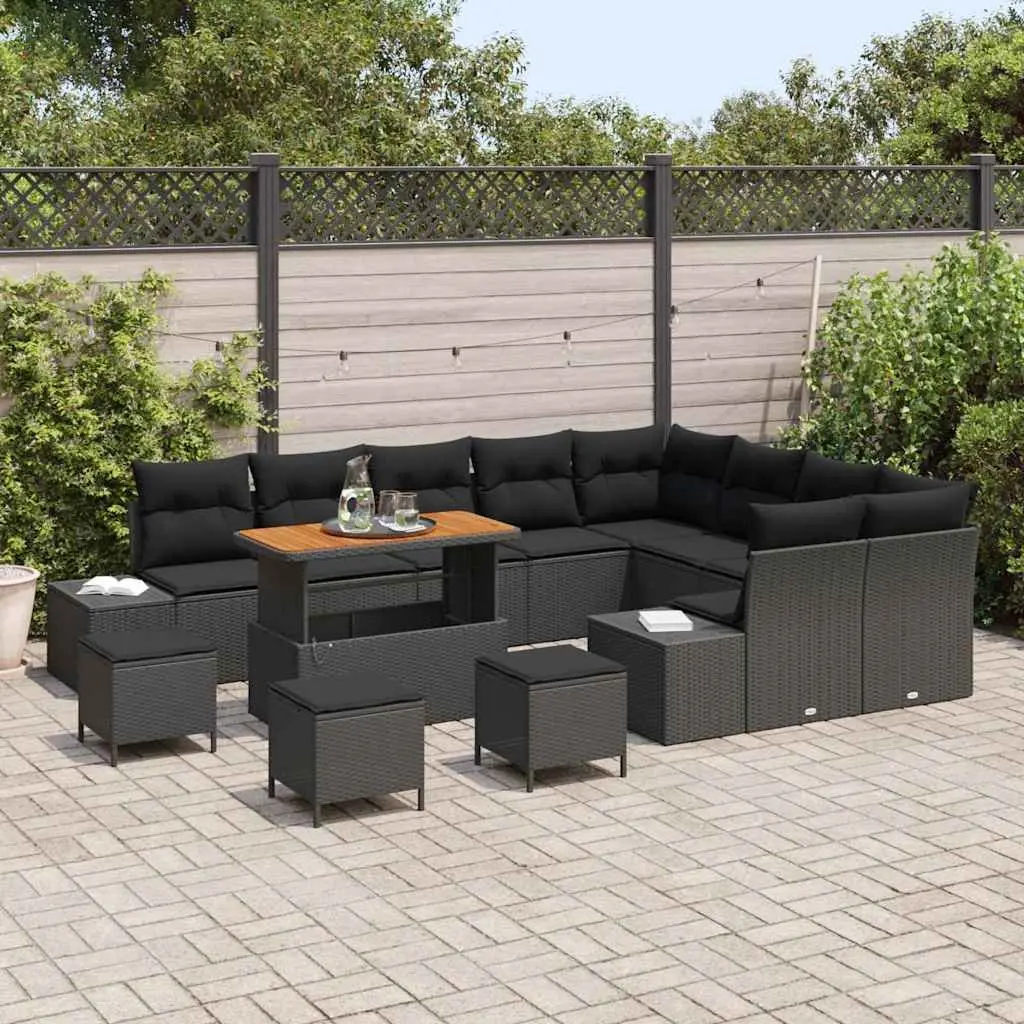 Garden Sofa Set Outdoor Use 13 Piece Black Poly Rattan with Cushions Steel Frame