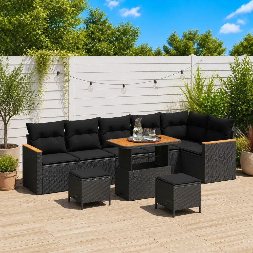 9 pcs Black Outdoor Sofa Set