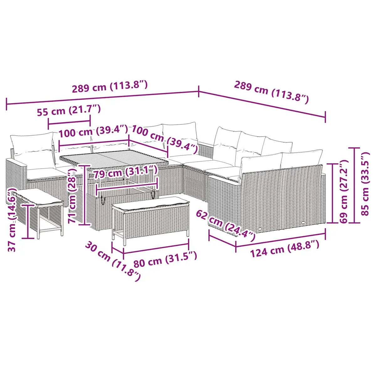Modular 13-Piece Patio Lounge Set with Cushions