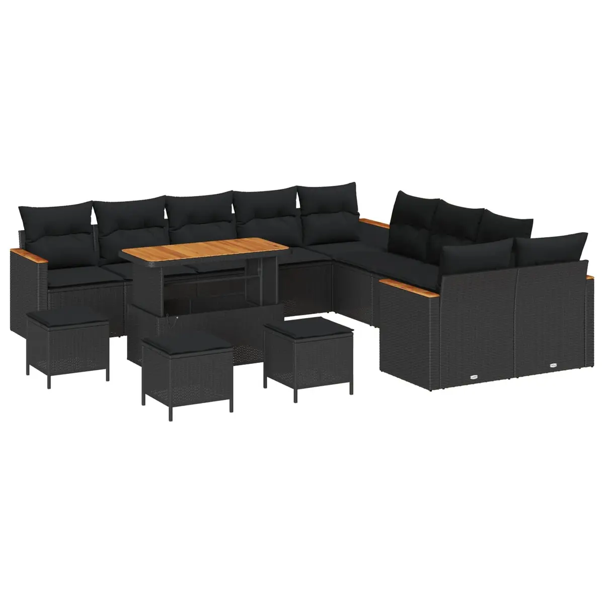 Garden Sofa Set Outdoor Furniture Modular 14 Pieces Black Poly Rattan Acacia