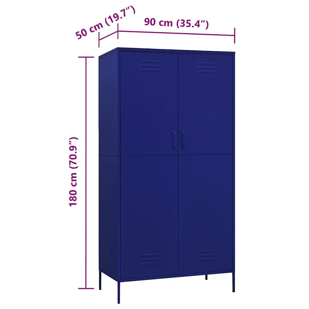 Wardrobe Cabinet Blue Steel Storage Cupboard 90W x 50D x 180H cm 4 Shelves Hanging Rod Organiser