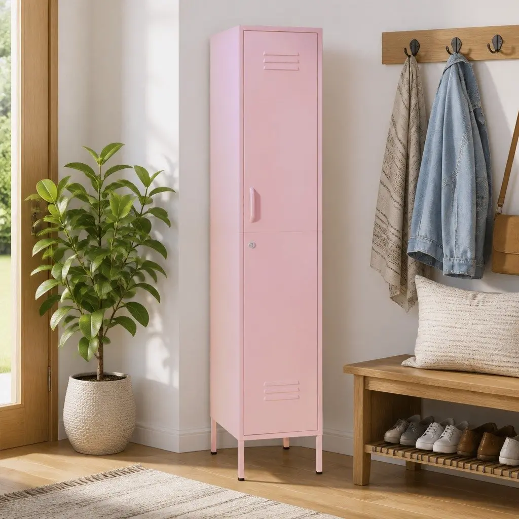 Storage Locker Cabinet for Bedroom Office Living Space Pink Steel 4 Adjustable Shelves with Locks